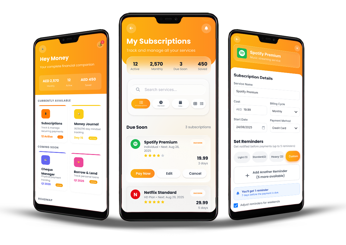 modern iPhone 14 Pro mockup showing subscription tracking app dashboard with colorful cards, charts, and clean white interface, floating perspective view