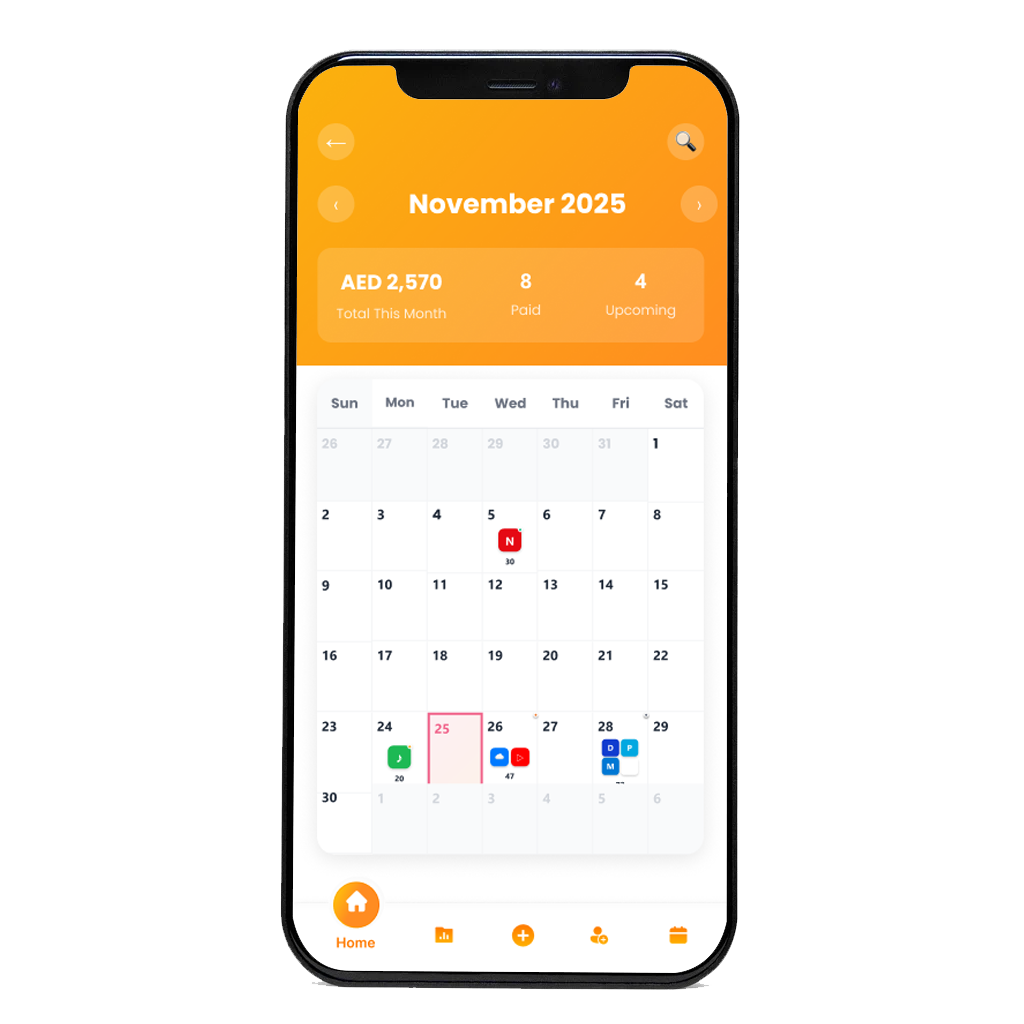 iPhone mockup showing subscription dashboard with colorful cards for Netflix, Spotify, Adobe displaying prices and renewal dates on white background