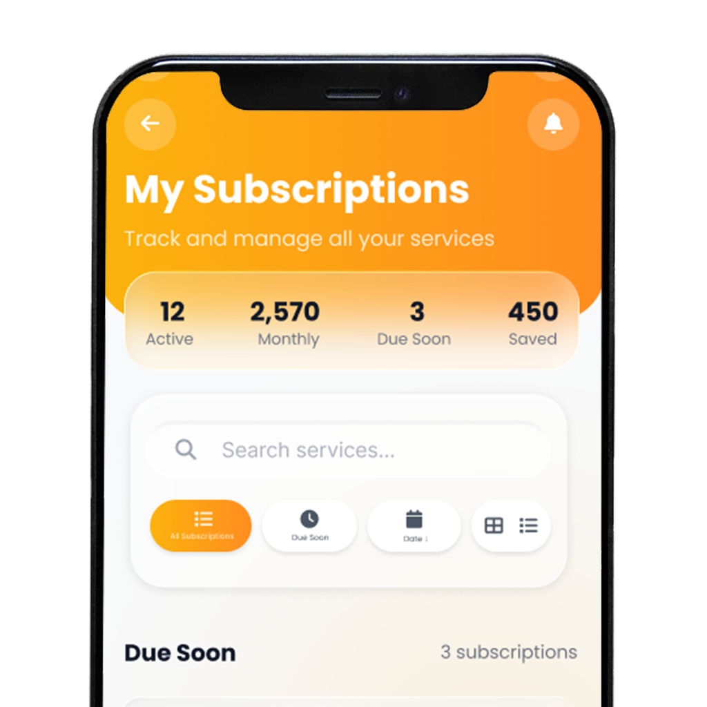 iPhone mockup showing calendar view with subscription renewal dates marked with colorful dots and upcoming payments