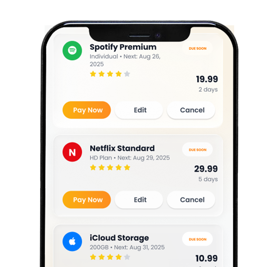 iPhone mockup showing list of subscriptions with logos, prices, and toggle switches for active/inactive status